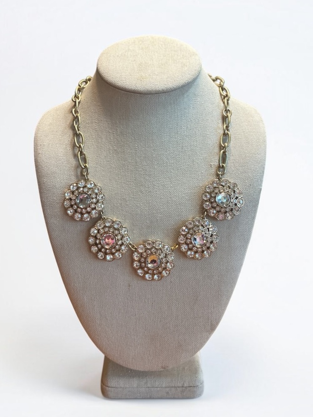 J Crew Crystal Cluster Gold Tone Statement Necklace ~ 18 + 3 Inches
